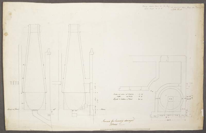 [Plan and two sections with detailed dimensions, entitled "Furnis [Furnace] for burning damaged tobacco" (probably at the Custom House, Dublin as reference to the "Quay at front" indicated on sheet)]