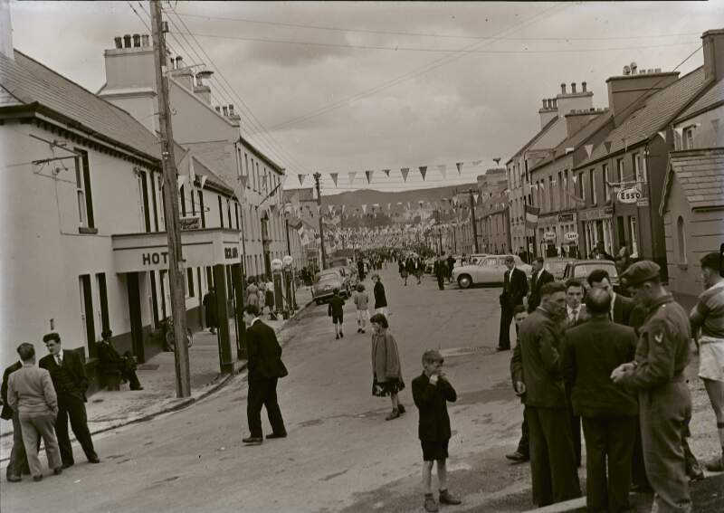 [People congregating on street for Tidy Towns celebrations, Glenties, Co. Donegal]