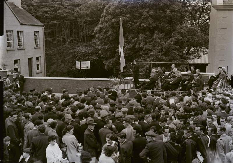 [Man addressing audience from outdoor stage at Tidy Towns celebrations, Glenties, Co. Donegal]