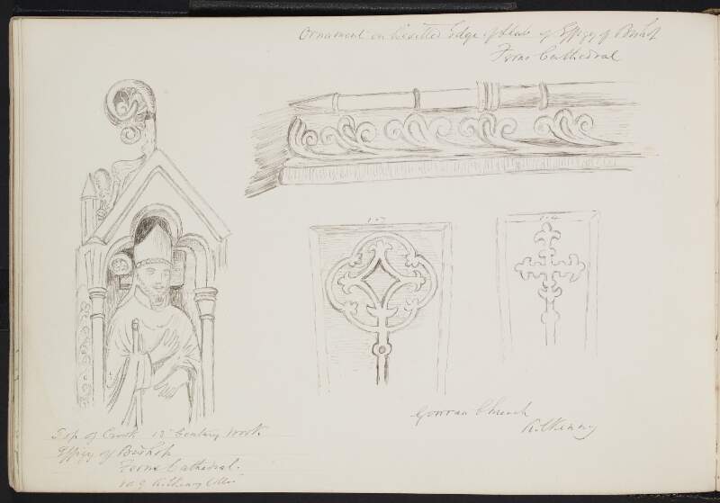 Effigy of bishop, Ferns Cathedral ; Ornament on beveled edge of slab of effigy of bishop of Ferns Cathedral ; Gowran Church, Kilkenny