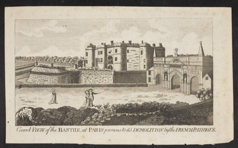 Correct view of the Bastile [Bastille] at Paris previous to it's demolition by the French patriots.
