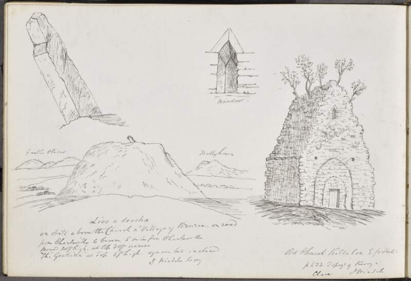 [Standing stone at Lios a deocha] ; Lios a deocha; Window ; Old Church, Killaloe, East front [St. Flannan's Oratory]