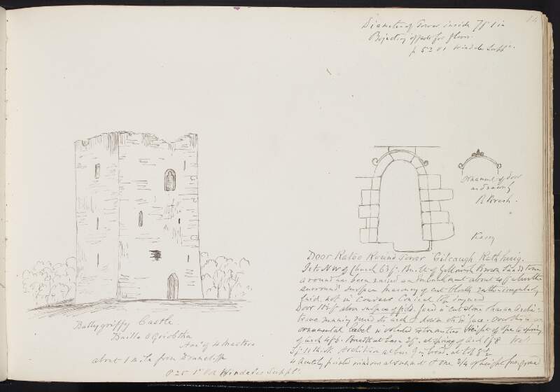 Ballygriffy [Ballygriffey] Castle, Baille O Griobtha [Baile Ua Griobhtha] ; Door, Ratoo [Rattoo] Round Tower, Gilcaugh Rathhuig ; Ornament of door