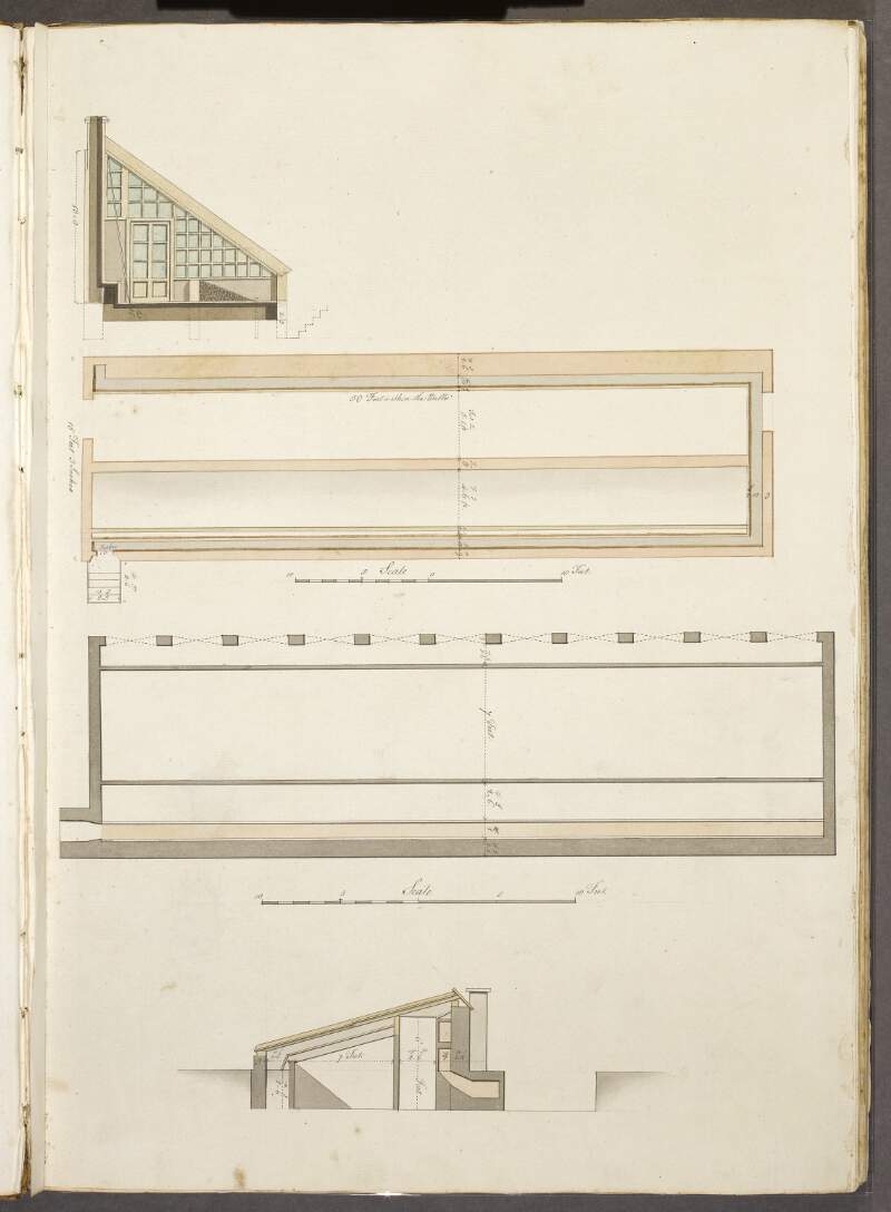 [Two plans and two sections of two greenhouses with detailed dimensions]