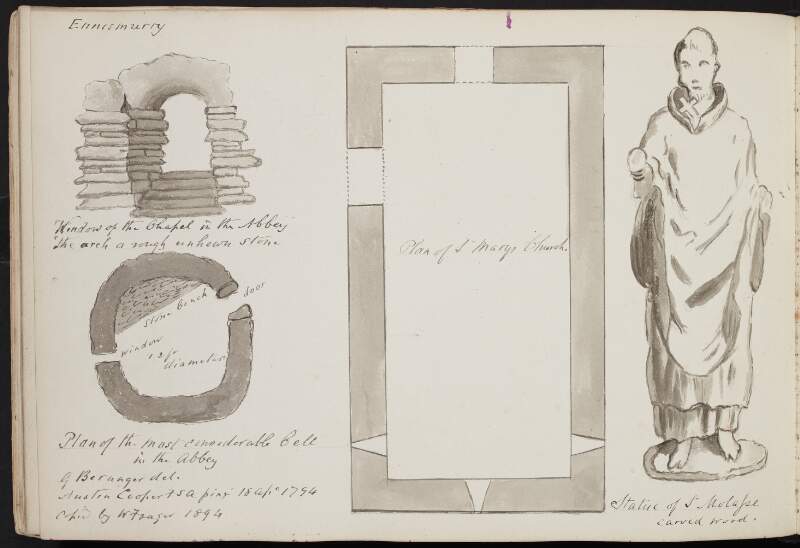 Ennismurry [Inishmurray] ; Window of the chapel in the Abbey ; Plan of the most considerable cell in the abbey ; Plan of St Mary's Church ; Statue of St. Molafse [St. Molaise], carved wood