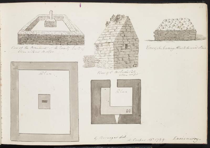 Ennismurry [Inishmurray] ; View of the monument of the Trinity ; View of Molash's [St. Molaise] cell ; View of the cursing altar and the round stones