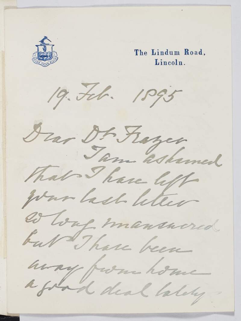 Letter from S. O'Neill to Dr. William Frazer regarding a piece of pottery found in Lincoln