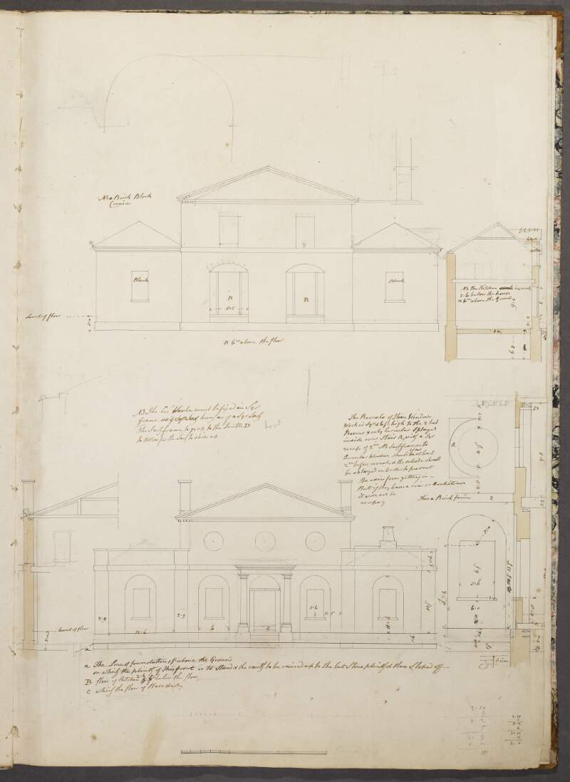 [Front and rear elevations and sections of Emsworth, Malahide Road, Kinsealy, Co. Dublin with detailed dimensions]