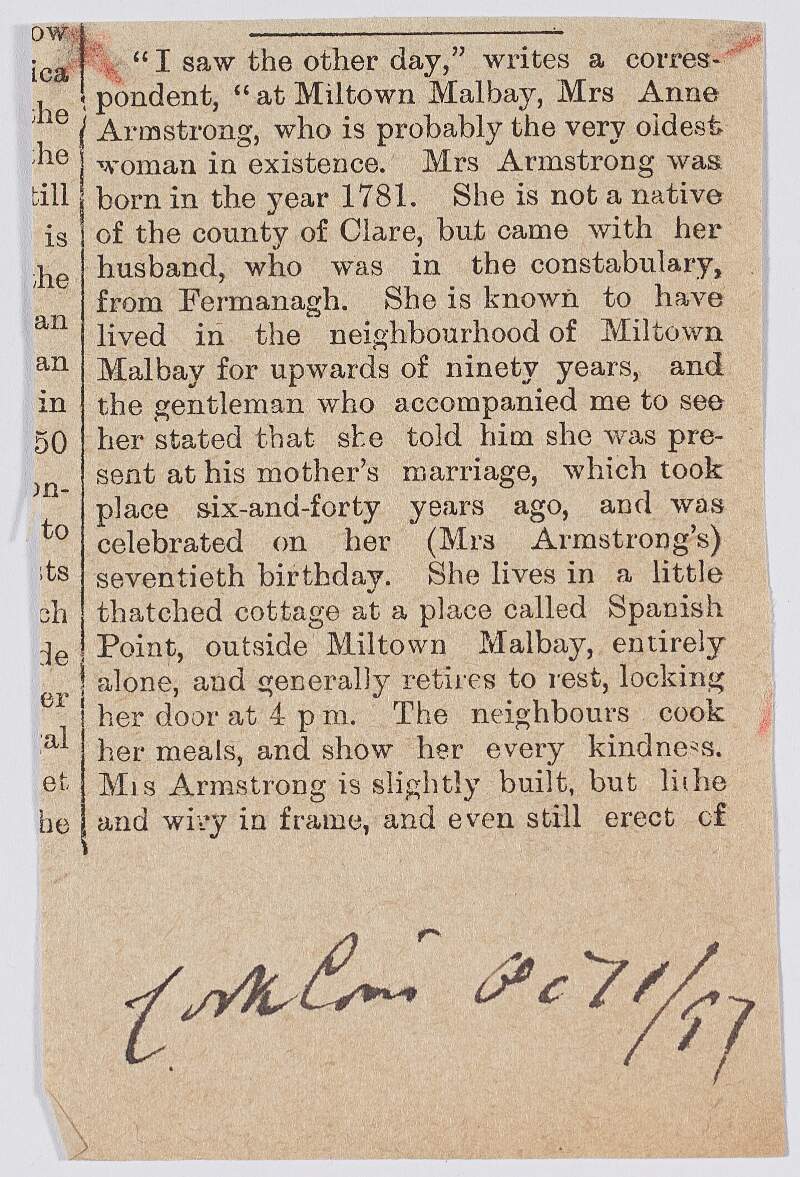 [Newspaper clipping concerning Annie Armstrong, in County Clare who was born in 1781].