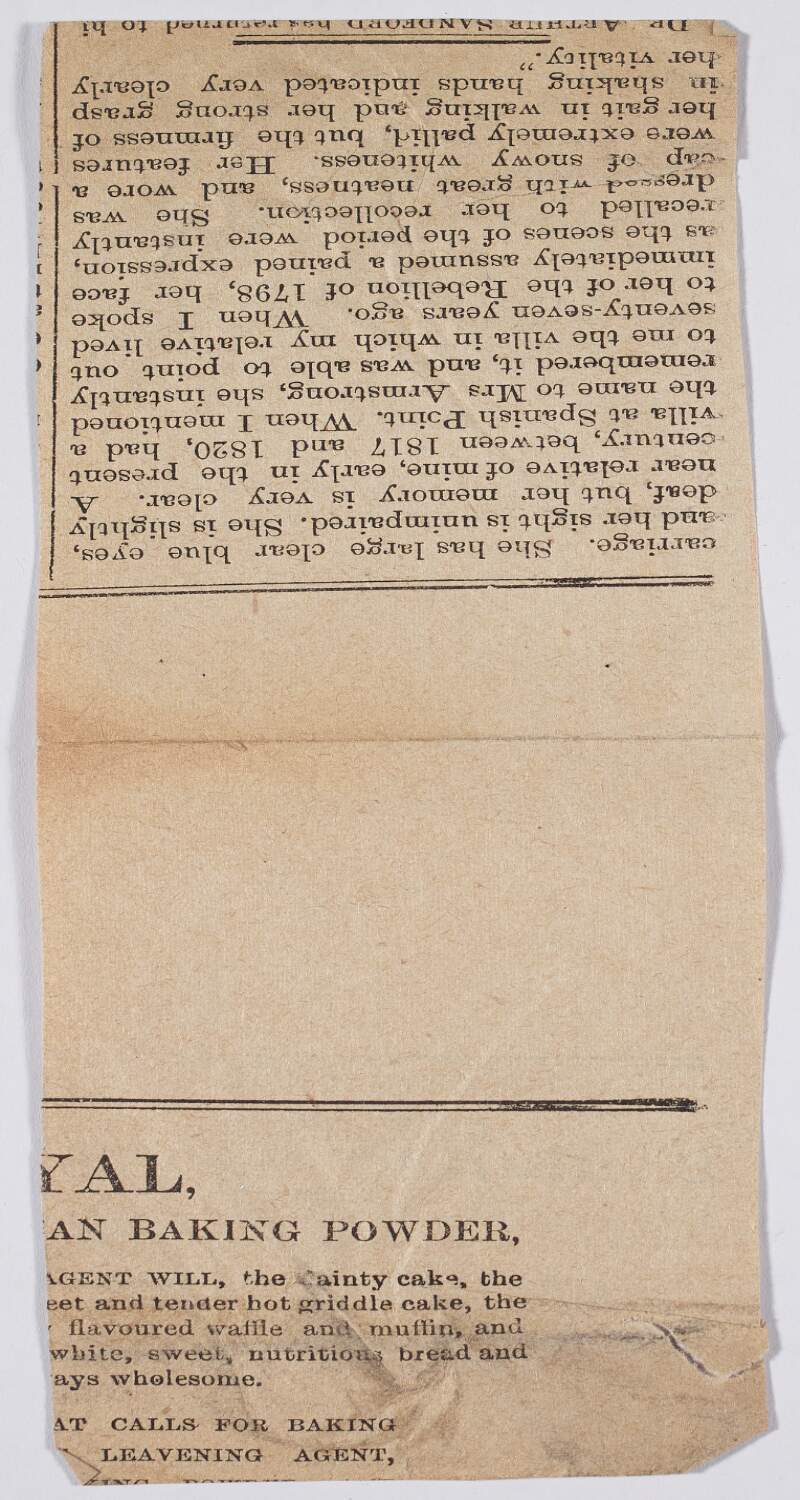 [Newspaper clipping concerning Annie Armstrong, who remembers the 1798 Rebellion, with a physical description on her]