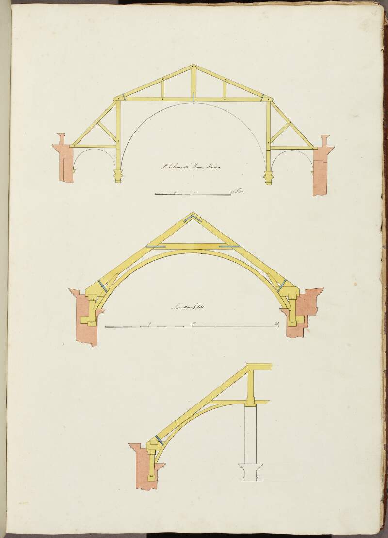 [Three sections of roofs, the first inscribed 'St. Clements Danes, London [an Anglican church in the City of Westminster]', the second inscribed 'Lord Mansfields' [library at Kenwood House, Hampstead]'.