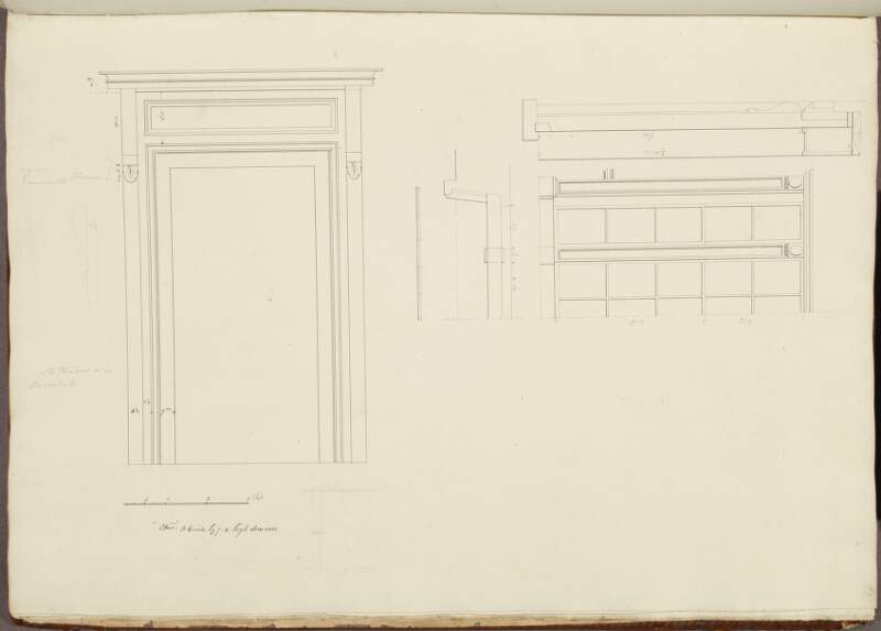 [Elevation of an unidentified door with a detailed plan, detailed elevation and section of an unidentified tripartite window].