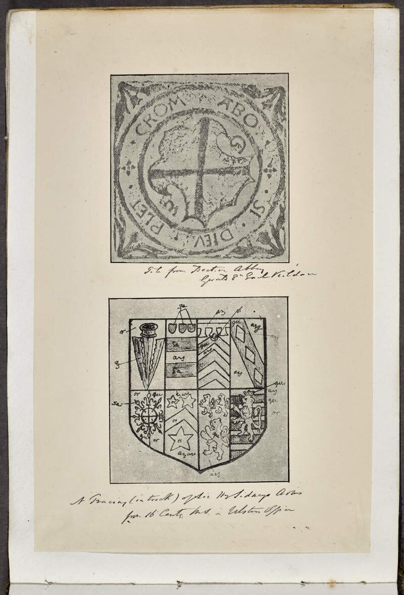 Tile from Bective Abbey, Gerald 8th Earl of Kildare ; A tracing of Sir Henry Sidney's arms from 16th century M.S. in Ulster Office