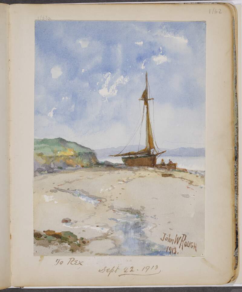 [Painting of a beach with a boat on the shore]