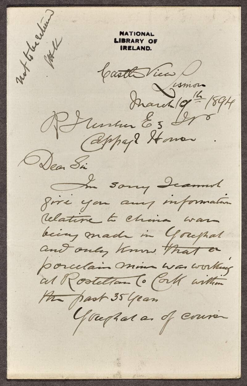 [Letter from L.M. Fitzgerald to Richard J. Ussher regarding the production of china in Youghal]