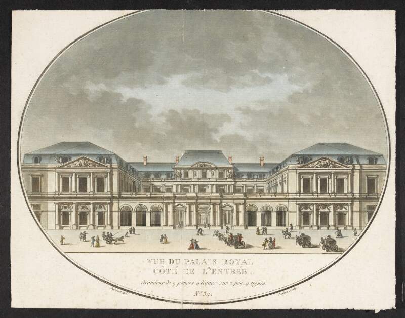 Vue du Palais Royal côté de l'entrée Grandeur de 9 pouces & lignes sur 7 pou. [pouces] 9 lignes. No. 39.