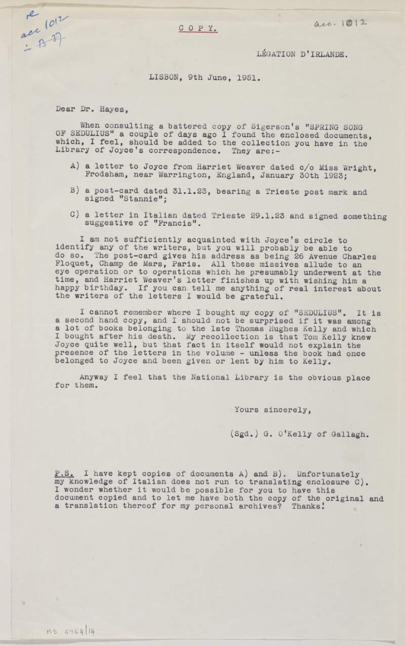 Typed letter from Gerald O'Kelly de Gallagh to Richard Hayes, Director of the National Library of Ireland,