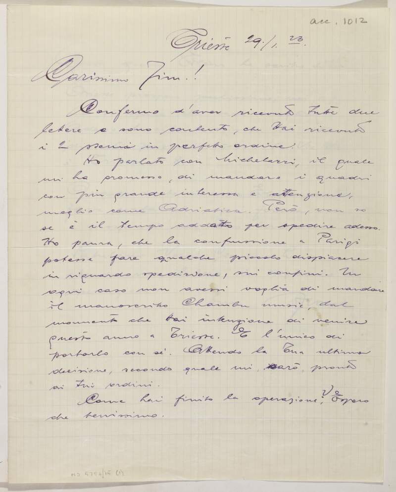 Letter in Italian, written to James Joyce from a correspondent in Trieste,