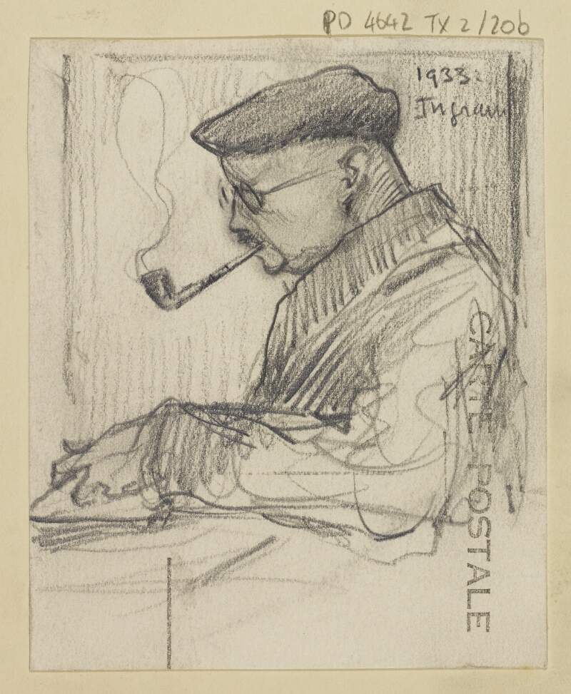 [Profile portrait of a man wearing a hat and glasses, smoking a pipe]