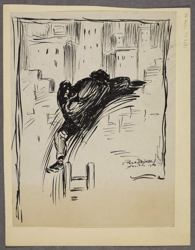 [Cloaked figure climbing onto a wall from a ladder, with buildings in the background]