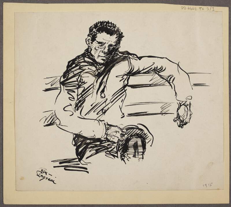 [Sketch of man sitting on a bench, looking down]
