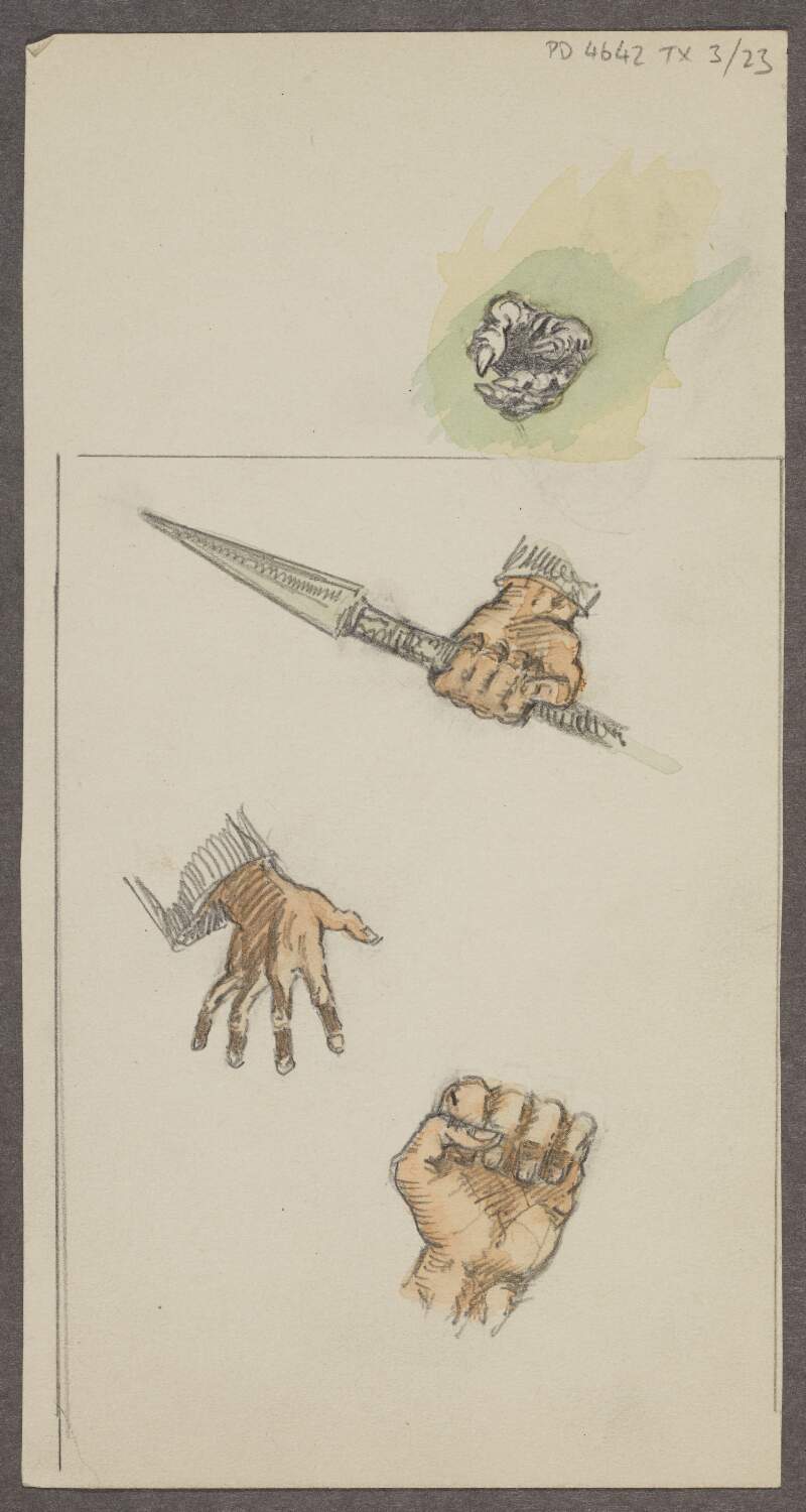 [Painted sketches of hands and a claw in different positions]