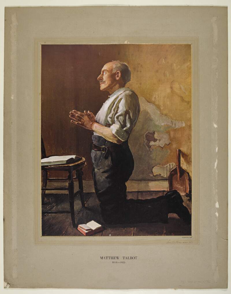 [Reproduction of a portrait of Matt Talbot, shown in profile, kneeling in prayer, in direct sunlight in front of a chair, with a book placed on it]