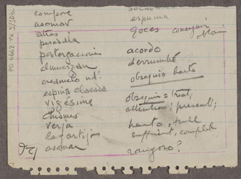 Handwritten list of miscellaneous words in different languages,