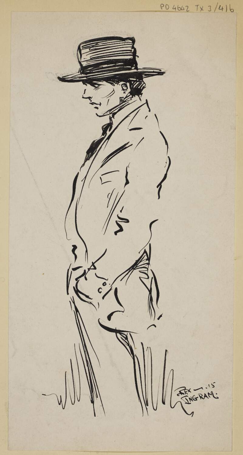 [Full profile sketch of man wearing hat, with hand in pocket, looking to the left]