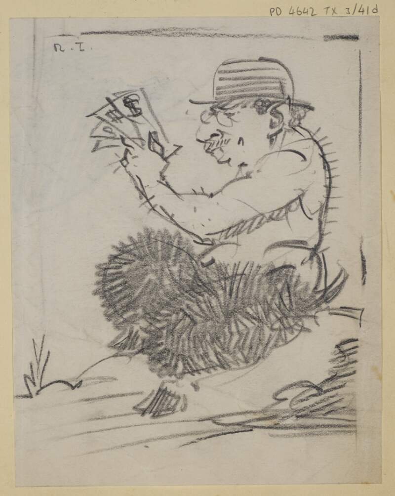 [Sketch of a Satyr wearing a hat and glasses, holding money]