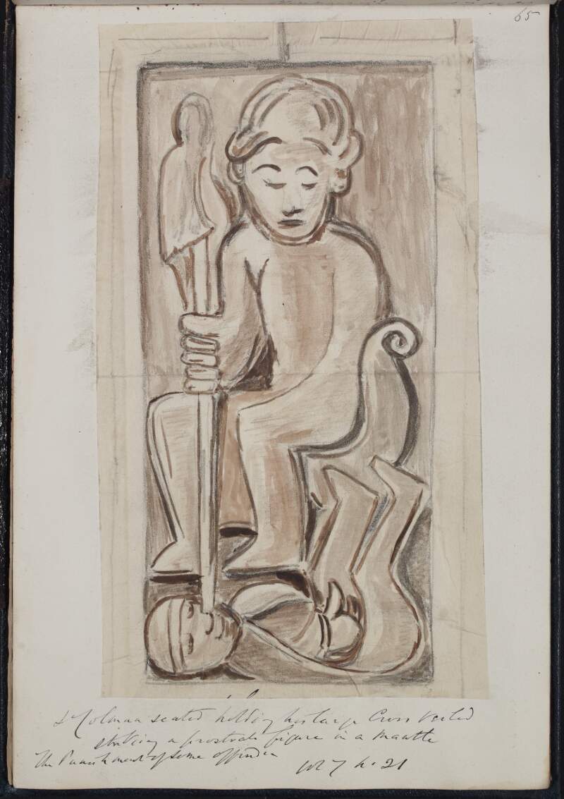 St Colman seated holding his large cross veiled, striking a prostate figure in a mantle