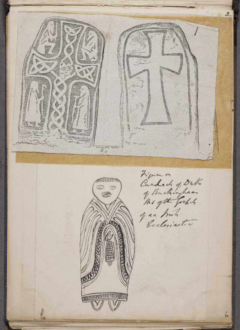 [Two stone crosses] ; Figure on cunulach of Duke of Buckingham's MS of the Gospels of an Irish ecclesiastic