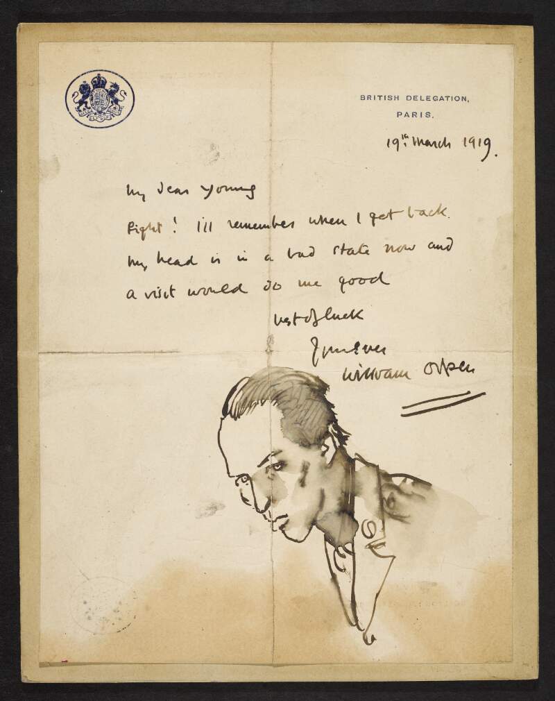 [Self-portrait by William Orpen on autographed signed letter by him on headed paper 'British Delegation, Paris. 19th March 1919' sent to "My dear Young"].