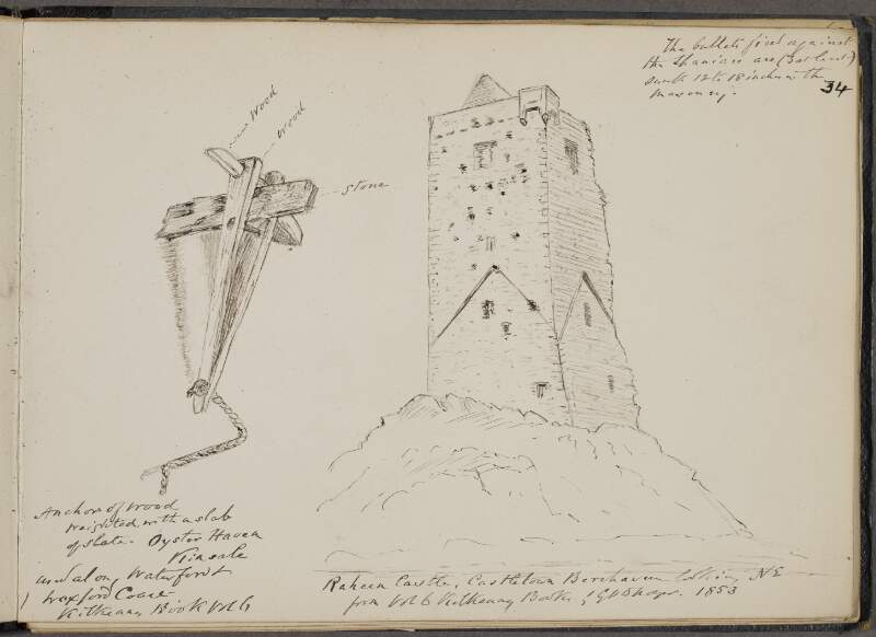 Anchor of wood, weighted with a slab of slate, Oyster Haven, Kinsale and along Waterford and Wexford coast ; Raheen Castle, Castletown, Berehaven, looking north-east, 1853