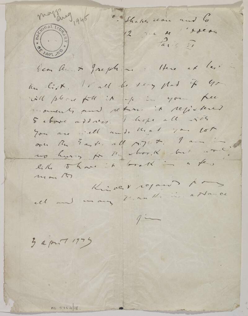 Letter from James Joyce, in Paris, to his aunt, Josephine Murray,