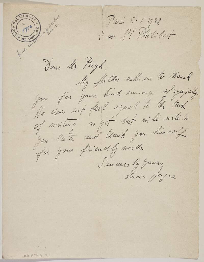 Letter from Lucia Joyce to a Mr. Pugh,