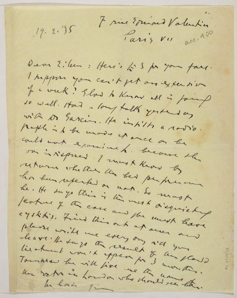 Letter from James Joyce to his sister, Eileen Schaurek,