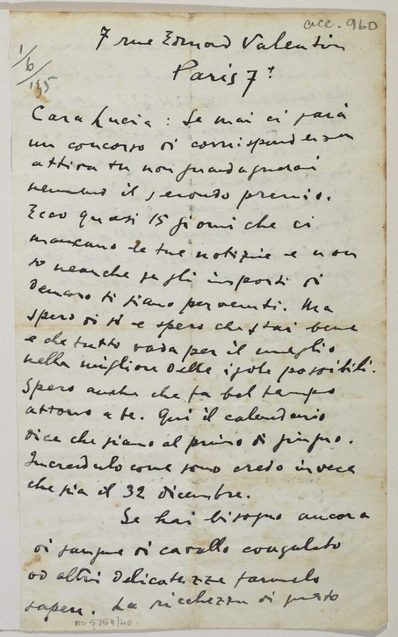 Letter from James Joyce to his daughter, Lucia,