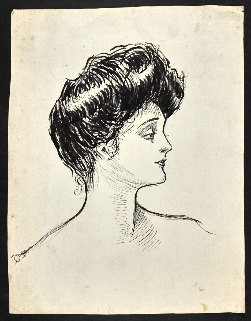 [Ink drawing of a woman, in profile, with her dark hair piled high upon her head in pompadour style].