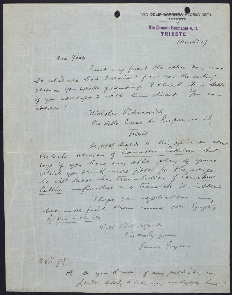 Letter from James Joyce to W. B. Yeats about Nicolò Vidacovich and the Italian translation of 'The Countess Cathleen',