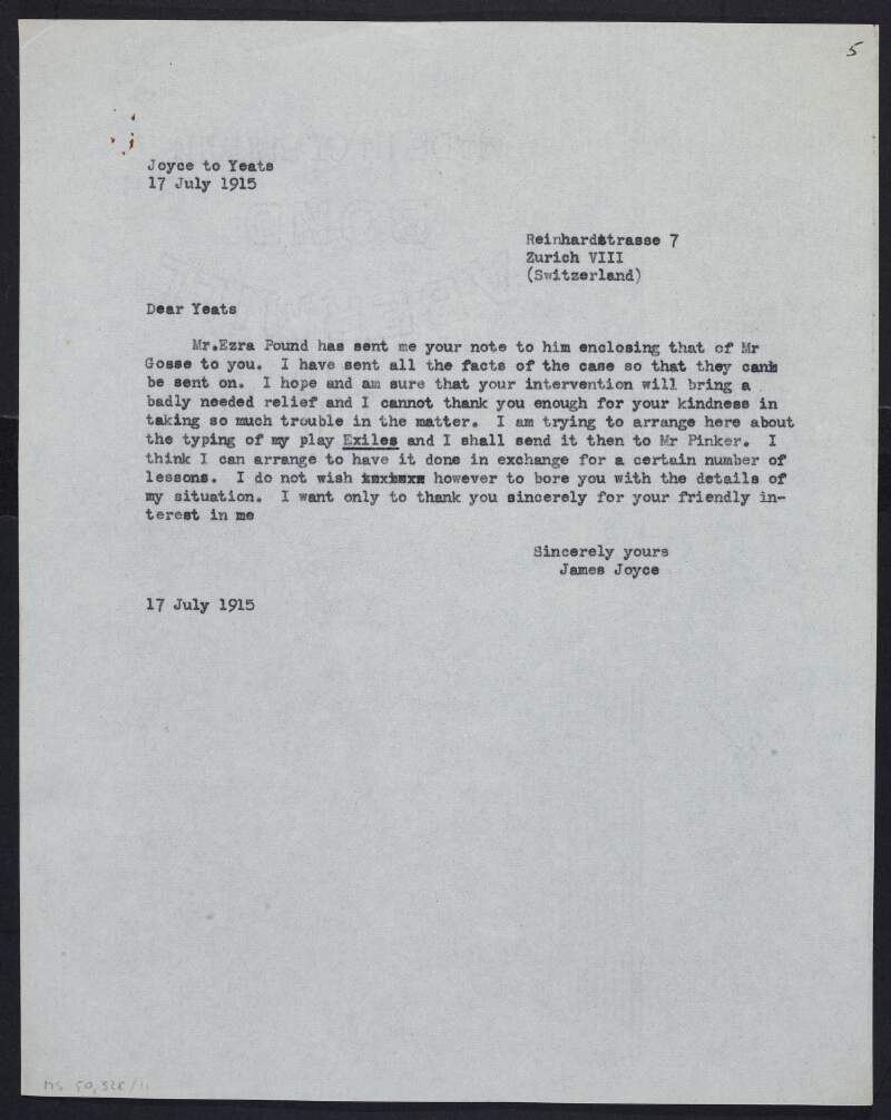 Typescript copy of letter from James Joyce to W. B. Yeats about his play 'Exiles',