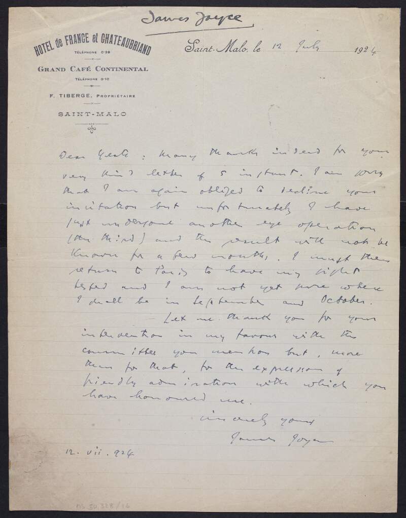 Letter from James Joyce to W. B. Yeats about his eye operation,