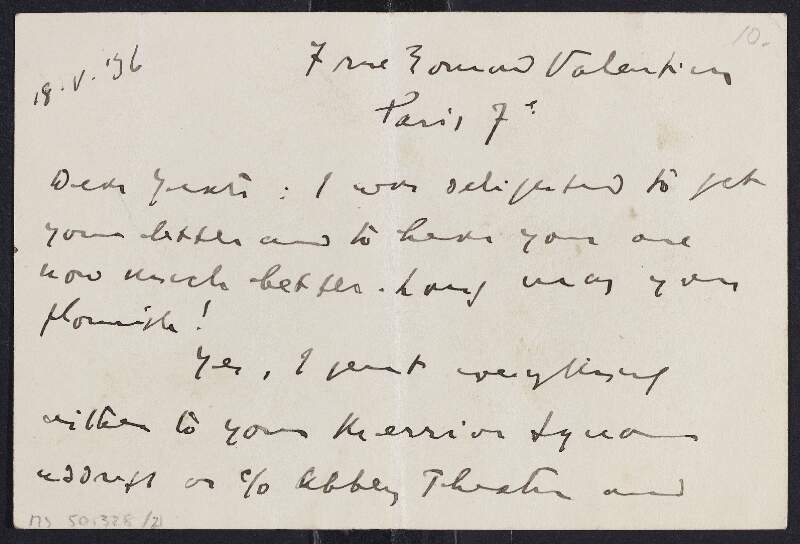 Letter card from James Joyce to W. B. Yeats offering to sign Yeats' copy of 'Ulysses',