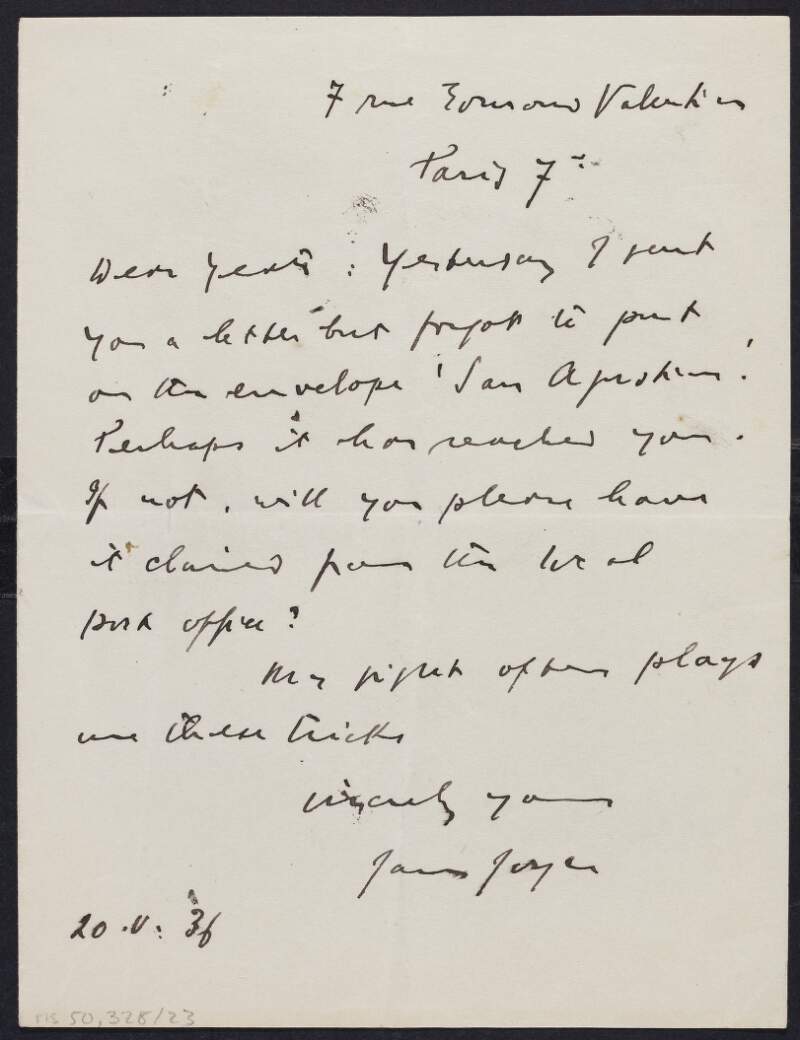 Letter from James Joyce to W. B. Yeats,