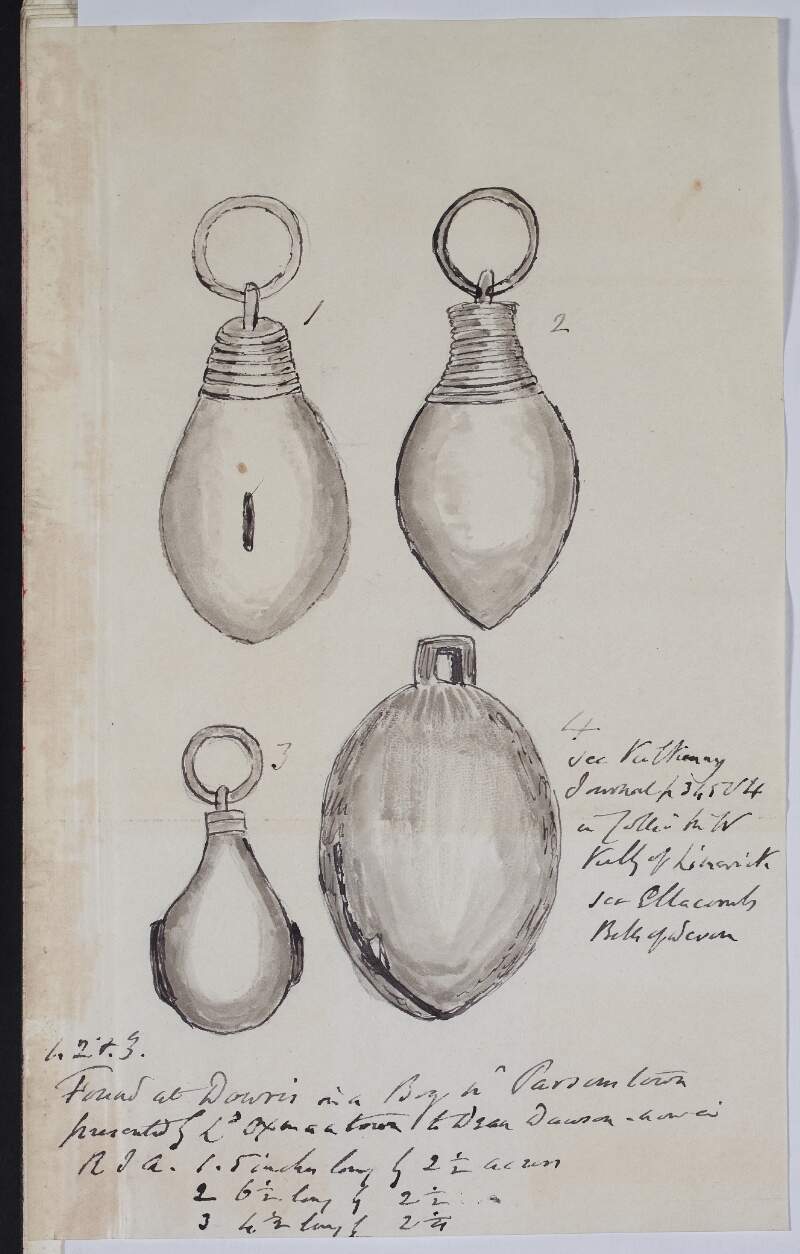 Found at Dowris in a bog near Parsonstown, small round bells attached to girdle ; Dowris Find Crotals