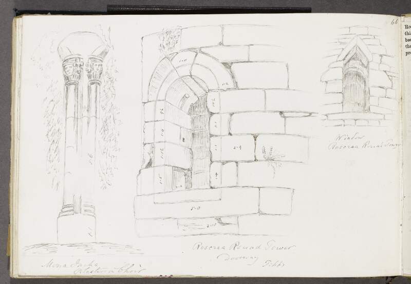 Mona Incha [Monaincha], pilasters in choir ; Roscrea Round Tower, doorway, Tipperary ; Window, Roscrea Round Tower