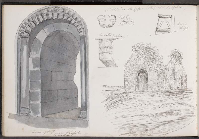 Door of St. Finian's Chapel, Inisfallen [Innisfallen]; St. Finian the Leper (His Chapel, Inisfallen) ; Cats Eye moulding ; Serrated moulding ; Base of shaft