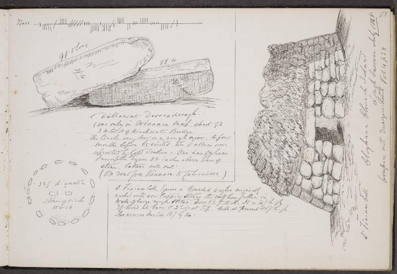 Dallans a Derrenderagh ; [Plan of stone circle] ; St. Finian's Cell, Cloughan Church Island, Lough Currane, July 1848