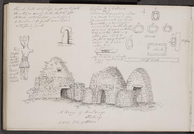 [Figure from Skellig Michael chapel] ; East window ; North range of buildings, Skelligs ; [Window above door] ; [Plan of buildings at Skelling Michael]