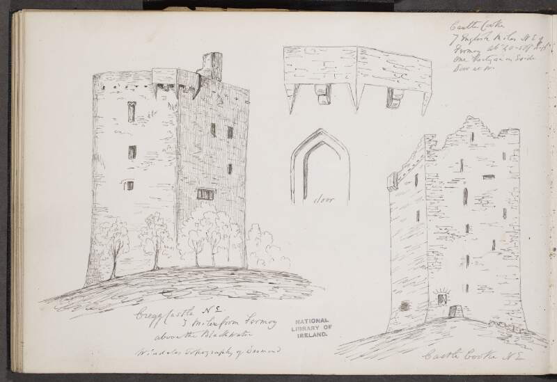 Cregg Castle, north east ; [Battlements] ; [Door] ; Castle Cooke, North east